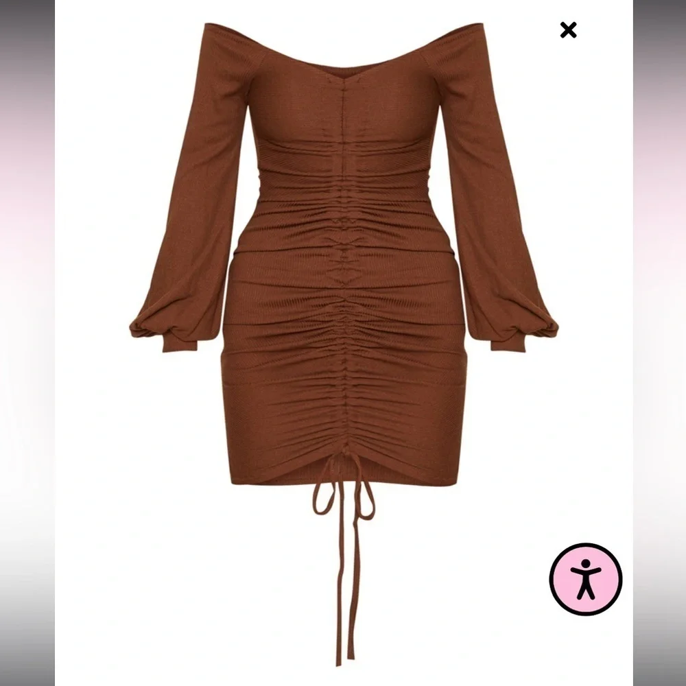 Pretty Little Thing Brown Ribbed Balloon Sleeve Ruched Bodycon Dress XS - Picture 2 of 8